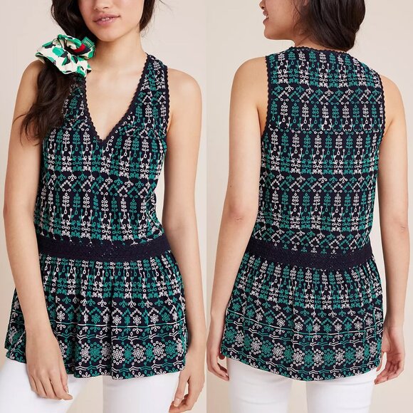 Anthropologie Maeve Cammie Embroidered Peplum Top XS V Neck Preppy Boho Classic - Picture 2 of 16